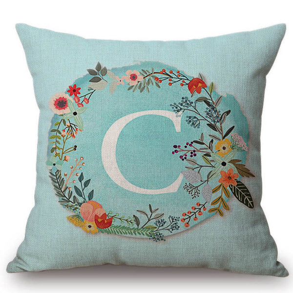 Aqua Blue Flower Letter Pillow Cases