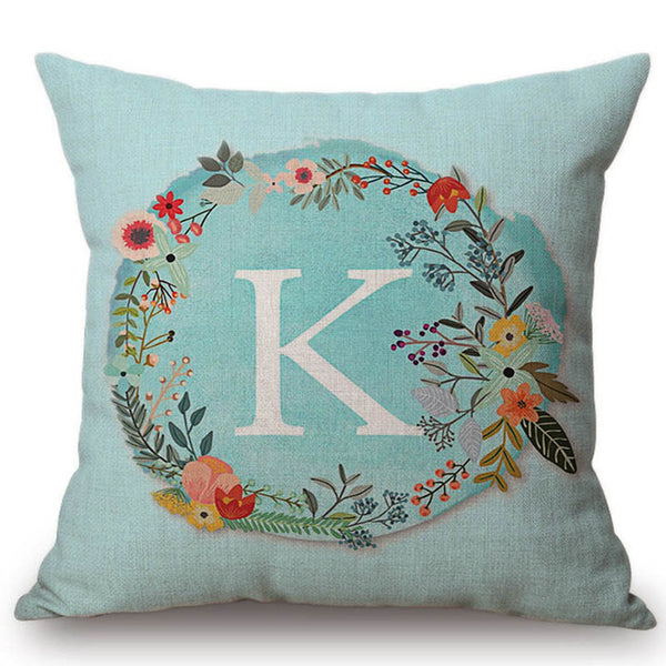 Aqua Blue Flower Letter Pillow Cases