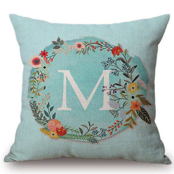 Aqua Blue Flower Letter Pillow Cases