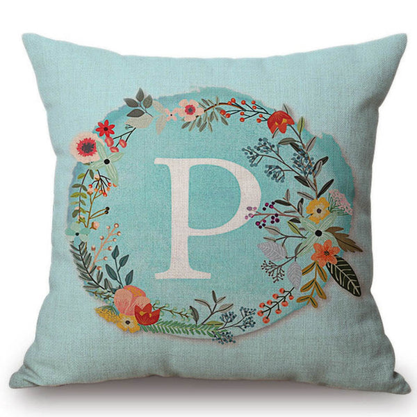Aqua Blue Flower Letter Pillow Cases