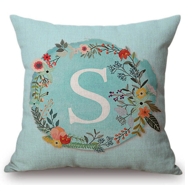 Aqua Blue Flower Letter Pillow Cases