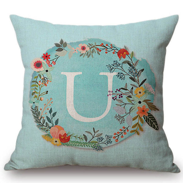 Aqua Blue Flower Letter Pillow Cases