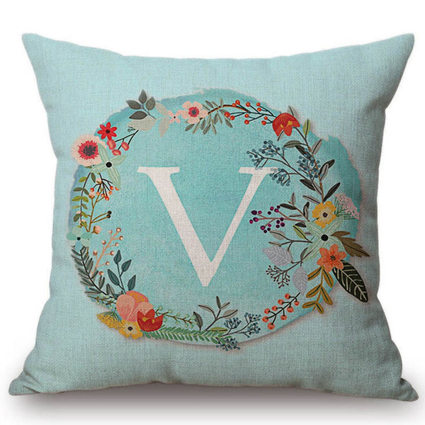 Aqua Blue Flower Letter Pillow Cases